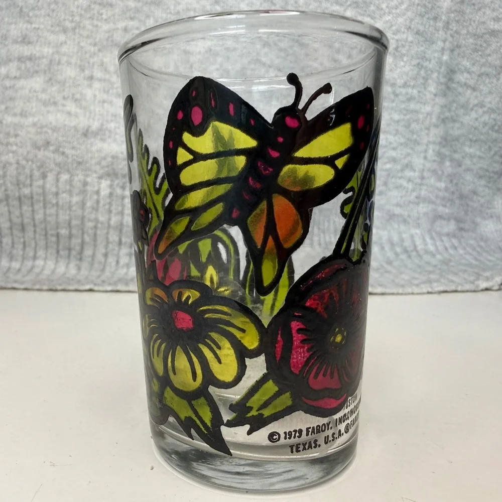 Vintage 1973 Faroy Inc Houston Butterfly Flower Stained Glass Style Juice Glass